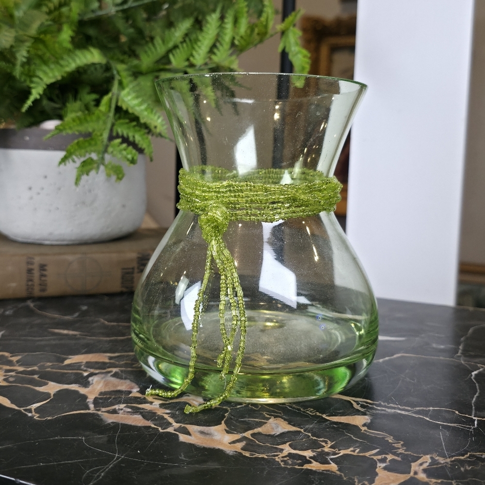 5.75" Light Green Art Glass Vase w/ Beaded Tassel Wrap Boho Y2K Decor